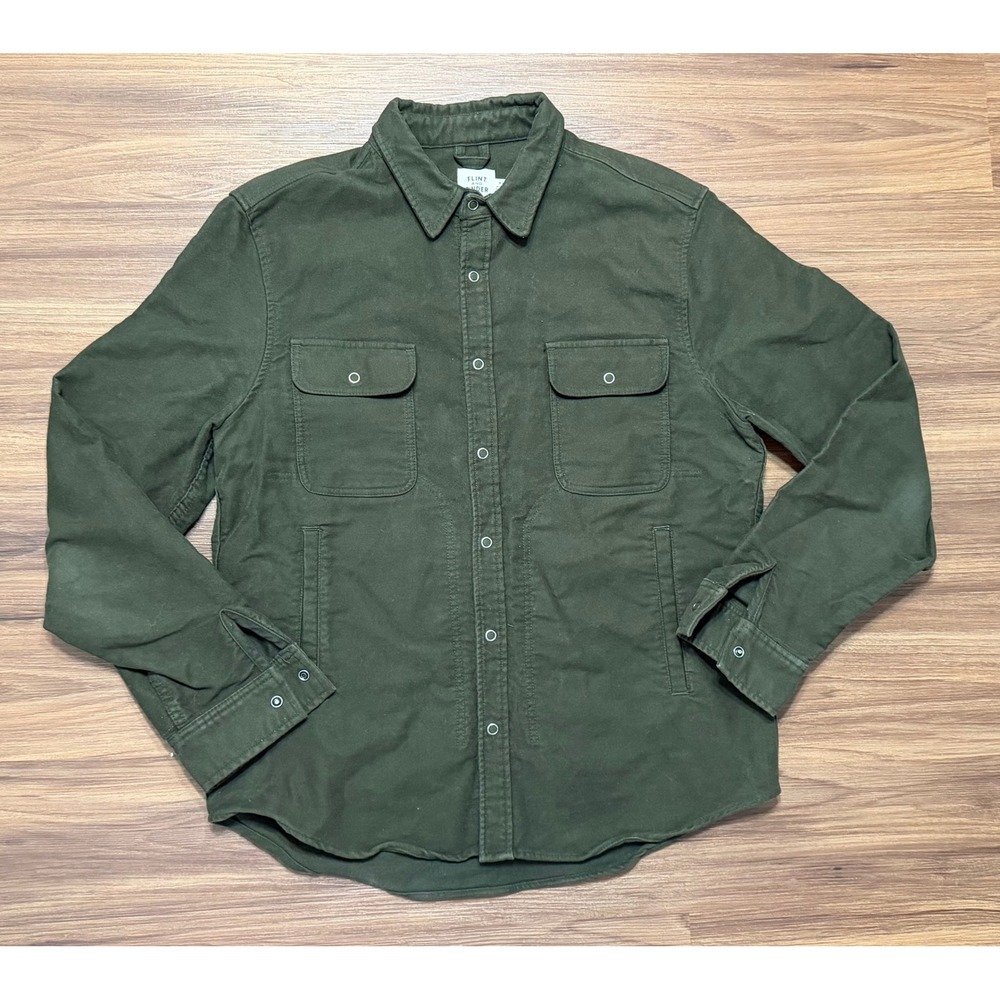 Flint and Tinder Moleskin Work Shirt Jacket Mens Green Cotton Snap Front Sz XL